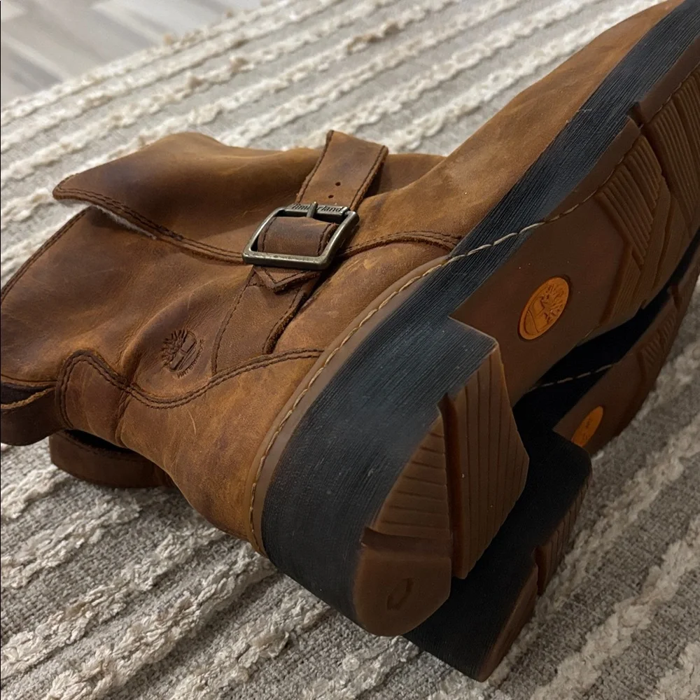 TIMBERLAND Graceyn Biker Wp Distressed Brown Leather Ankle Mid Boots with Buckle